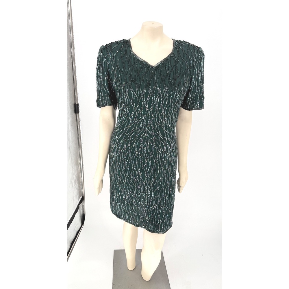 Vintage Mark & John by Sam Silk Sequin Beaded Dress Green L Keyhole 80s Glam